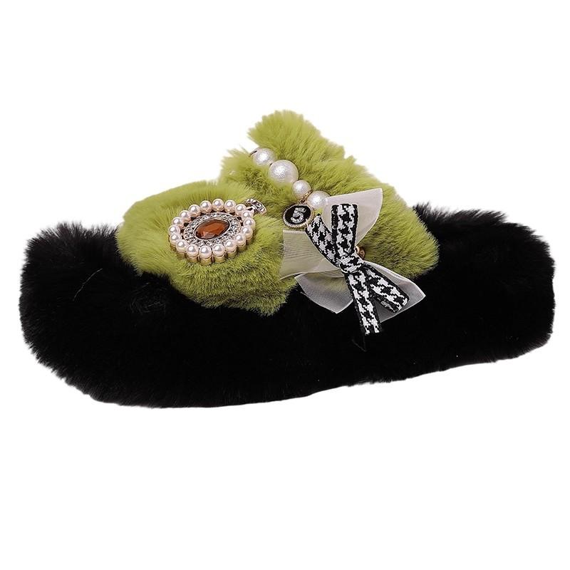 Xiaoxiangfeng outer wear girls fluffy slippers autumn and winter design sense pearl warm piled thickened one-word cotton slippers
