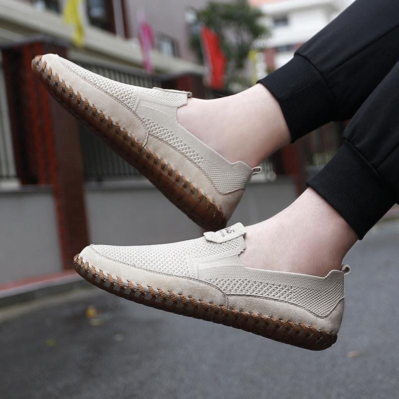 Spring and Summer New Driving Fashionable Shoes Lazy Fly Woven Mesh Casual Shoes Men's Genuine Leather Shoes