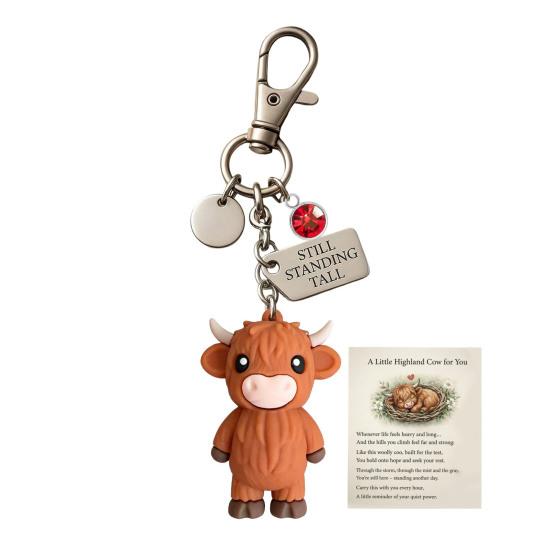 A Little Highland Cow for You Keychain, 3D Resin Highland Cow Keyring with Birthstone & Sentiment Card, Your Daily Reminder A July