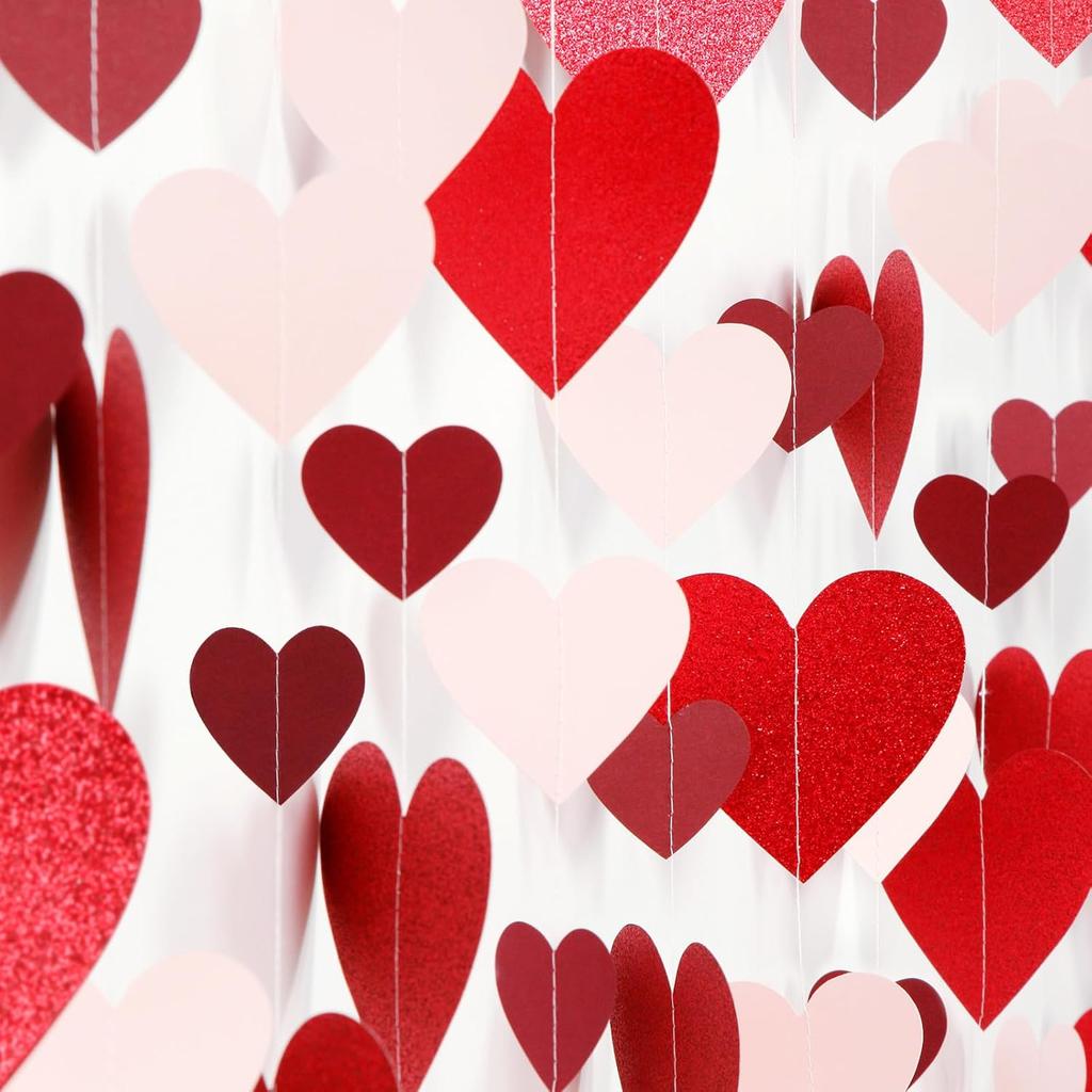 Rose-Gold Pink Burgundy-Red Party-Decorations Garland - 52Ft Heart Paper Streamers Banner, Valentines Mothers Day Bachelorette Bridal Shower
