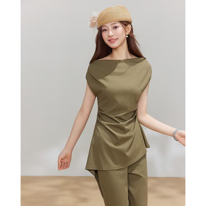 IEF Summer Elegant Waist-Cinching Top & Wide-Leg Pants Set