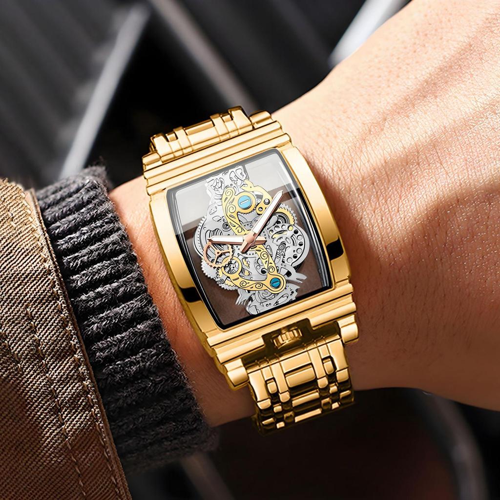 Men's Waterproof Luminous Tourbillon Leather Watch with Fashionable Motorcycle Gear Design