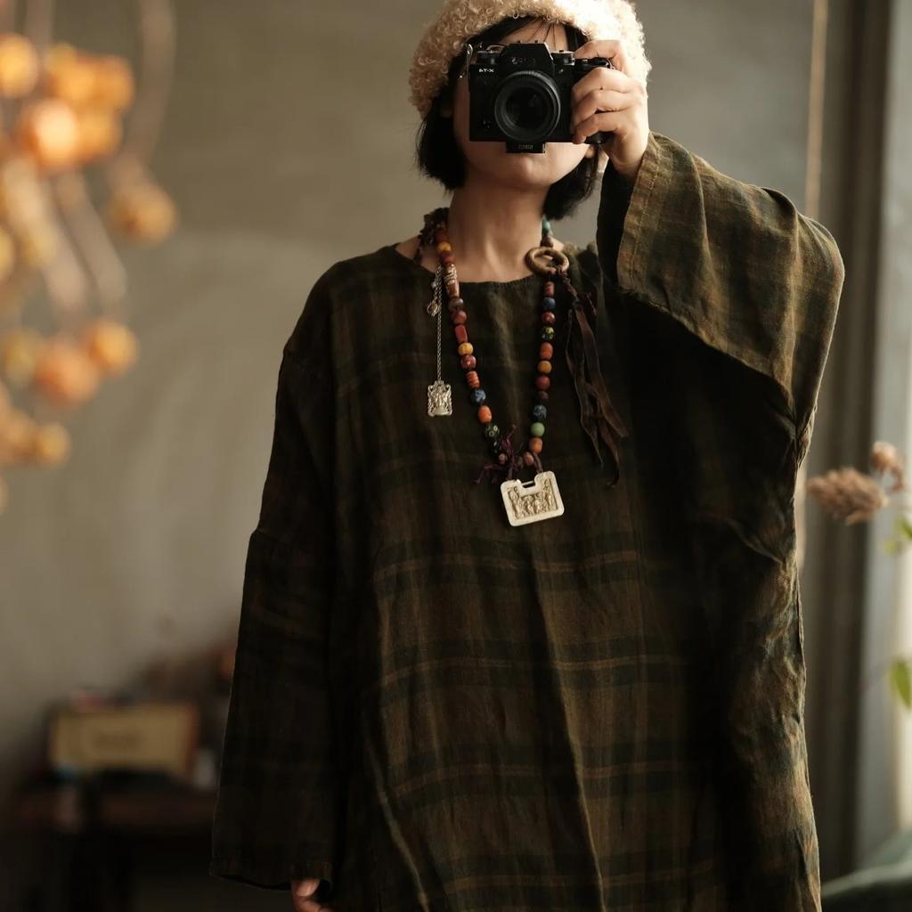 Johnature Damen Vintage Winter Grünes Gestreiftes Kleid O-Ausschnitt Langarm Locker Hohe Qualität Damenkleid