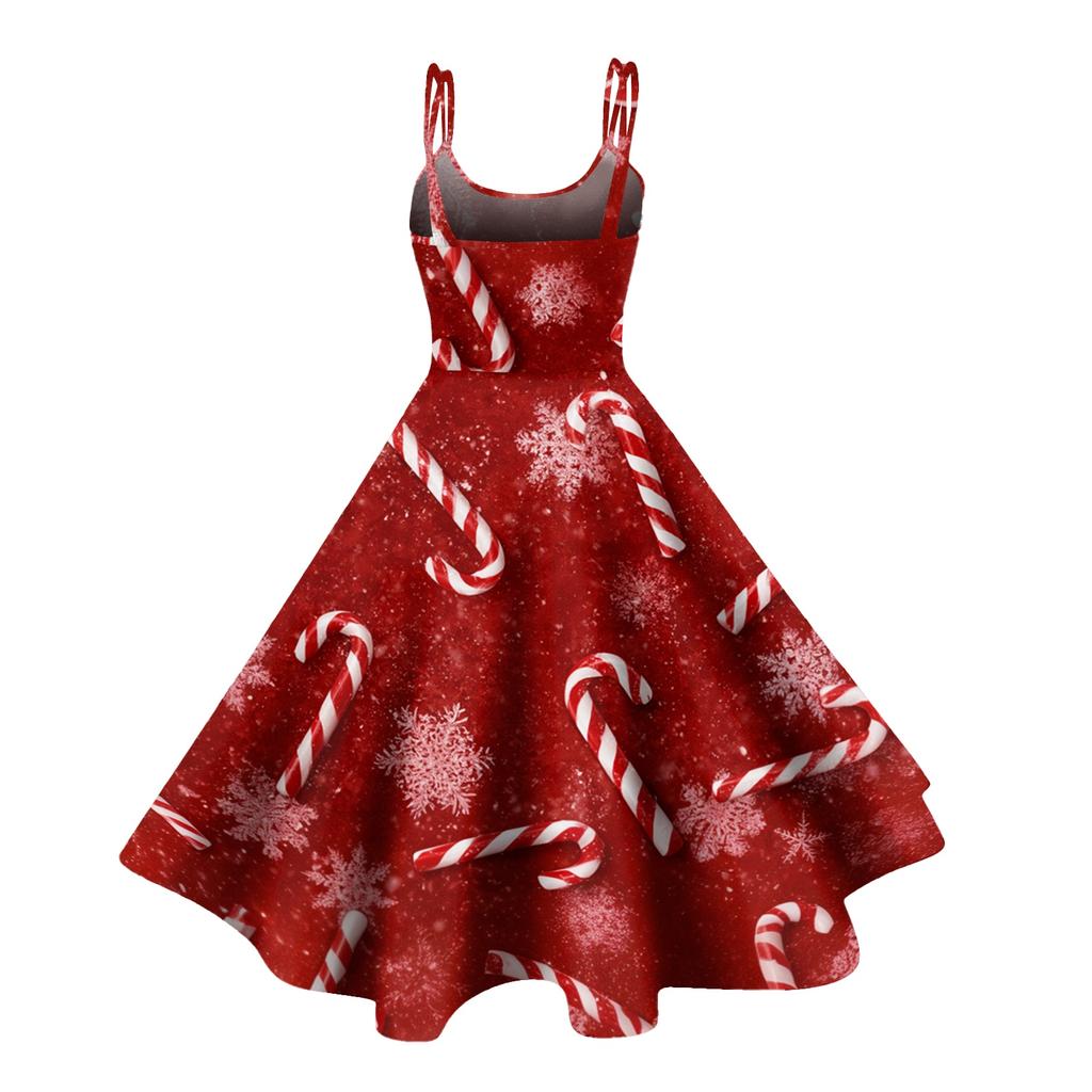 Vestito Vintage da Donna con Stampa Natalizia a Spalle Scoperte per Feste e Club