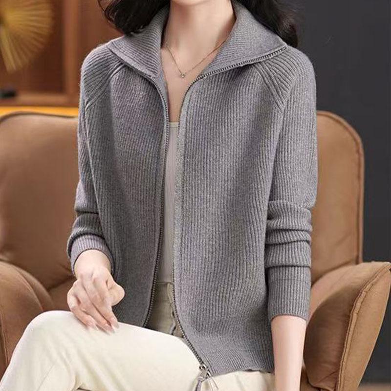 Dámský podzimní/zimní vlněný kardiganový kabát s klopovým límcem a dvojitým zipem - Módní svrchní oděv pro maminky