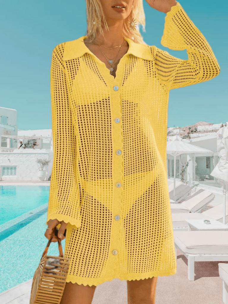 Women's Crochet Beach Cover Up Button Down Long Sleeve Cardigan Mini Dress