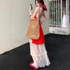 Red Off-the-Shoulder Halterneck Chiffon Top + Wide-Leg Skirt Two-Piece Set