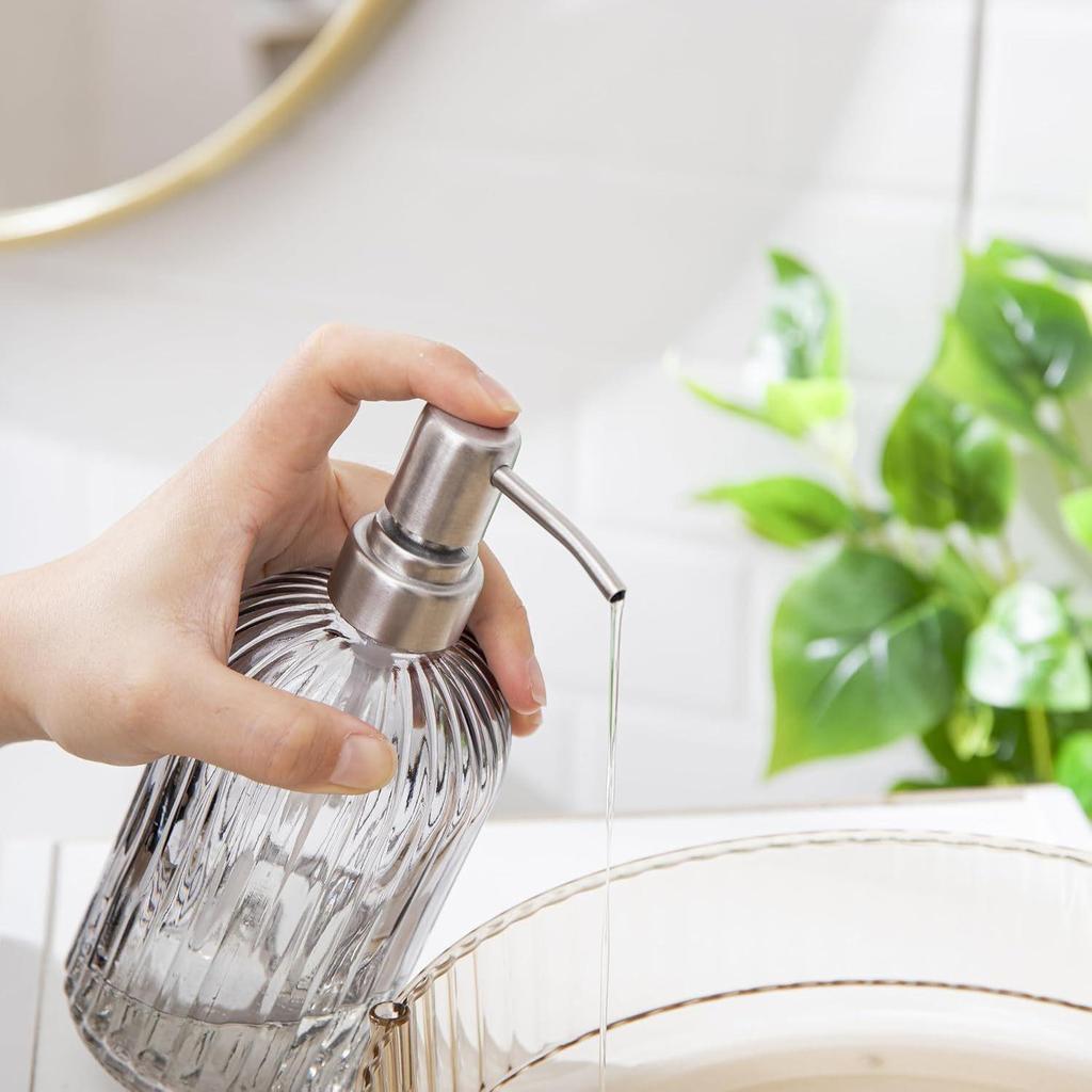 Vertical Stripe Colored Glass Hand Sanitizer Bottle, Transparent & 400 Ml, Press-Type Dispenser, High-Grade Design