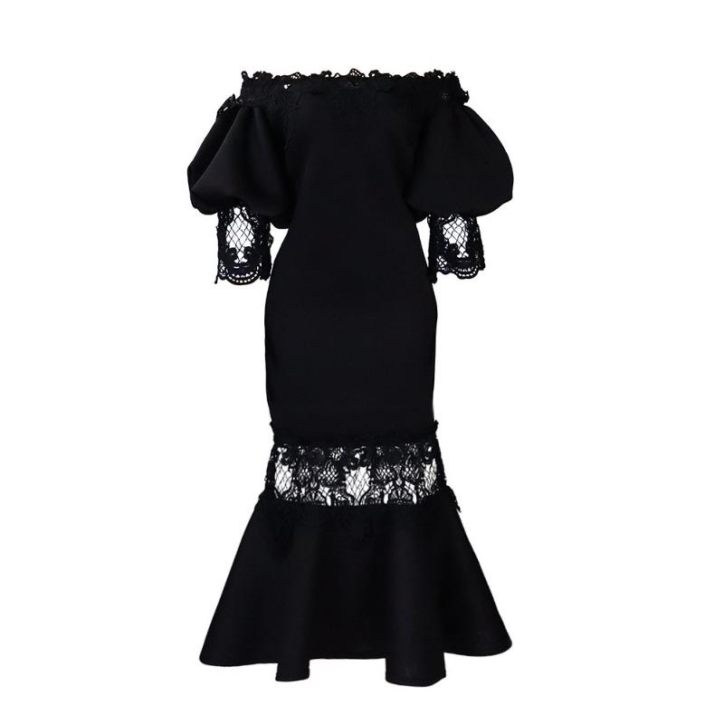 Women's fashion temperament lace off-the-shoulder fishtail party sexy party dress dress