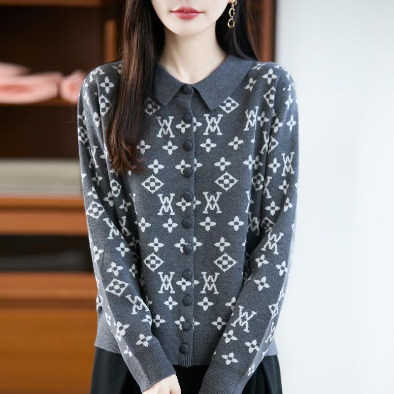 

Новый трикотажный свитер-кардиган с воротником ПОЛО на пуговицах с длинным рукавом для женщин, жаккардовый топ, свитер-пальто для весны и осени XL серый