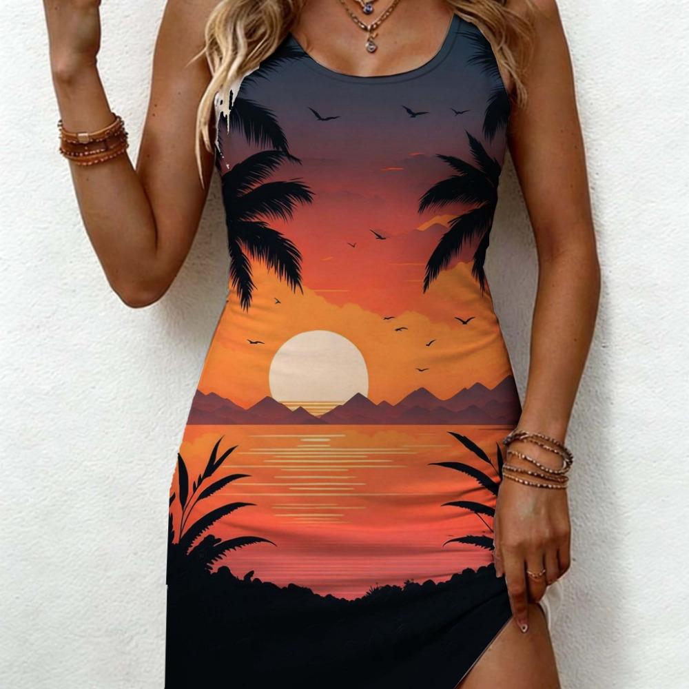 Beach Sunset Dress Fashion Women Sleeveless Palm Tree Print Sundress Summer Tropical Holiday Party Dresses New Female Clothing