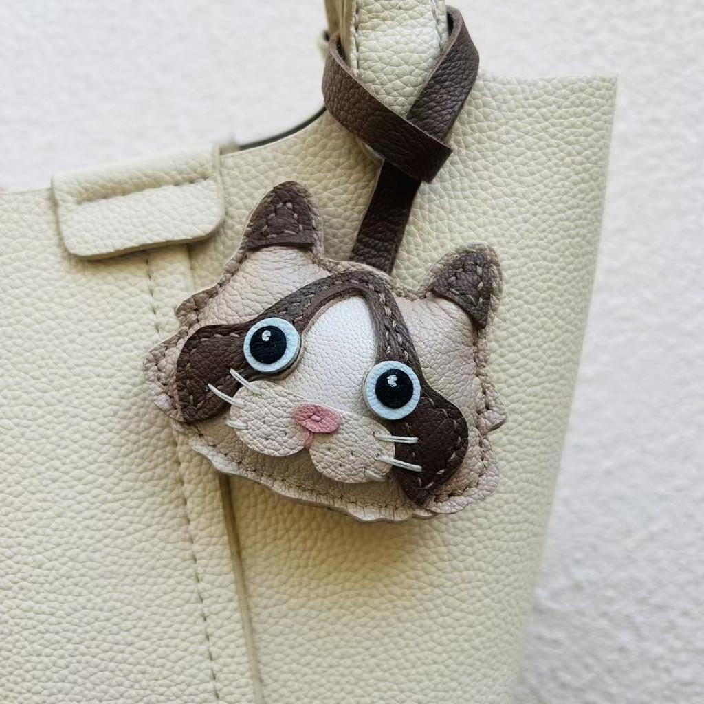 Handmade Genuine Leather Cat Keychain I Cute Kitty 3D Carved Keyring for Women/Men I Multi-Styles Animal Jewelry Gift