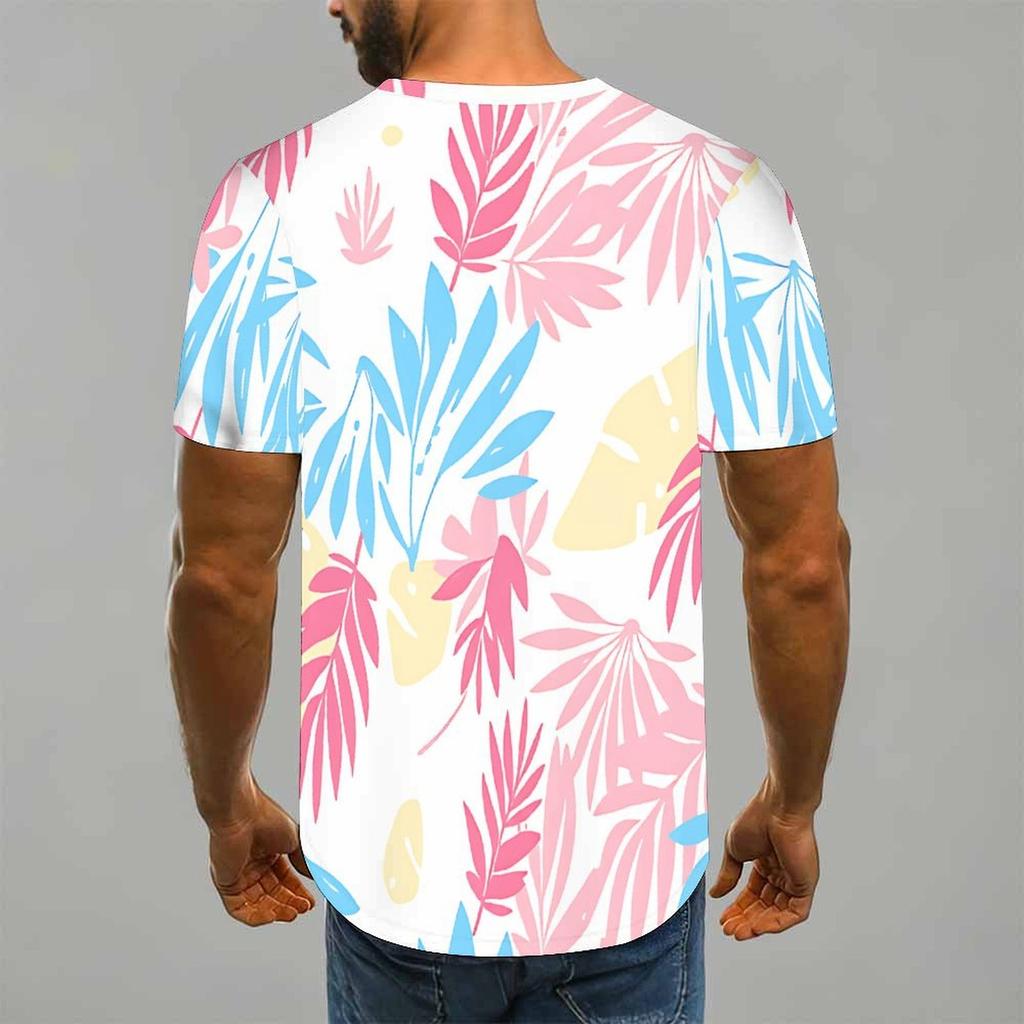 Women Short Sleeve Crew Neck T Shirt White Pink Blue Yellow Tropical Palm Leaf Print Top