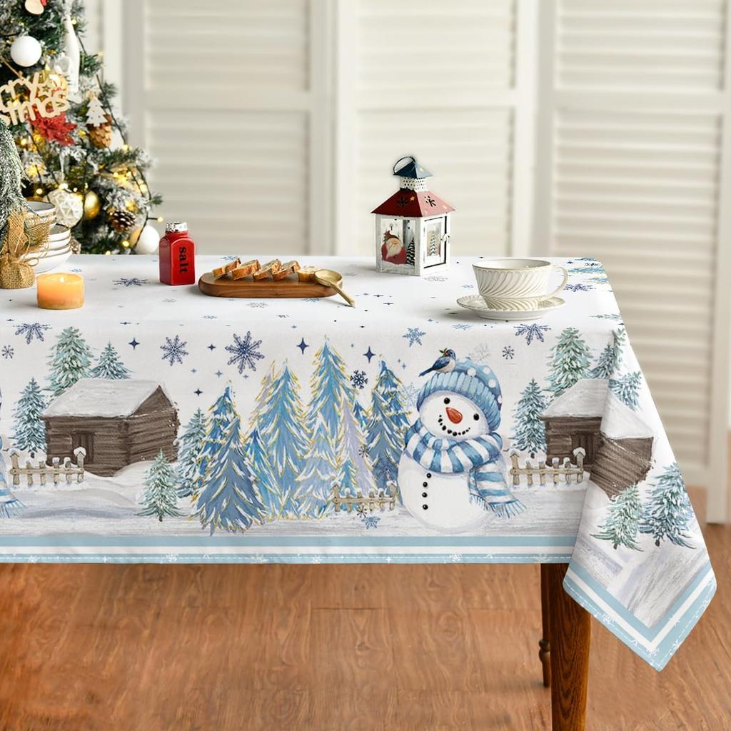 Christmas Snowman Pine Snow Waterproof Tablecloth Table Decor Winter Xmas Holiday Kitchen Dining Tablecloth Christmas Decoration