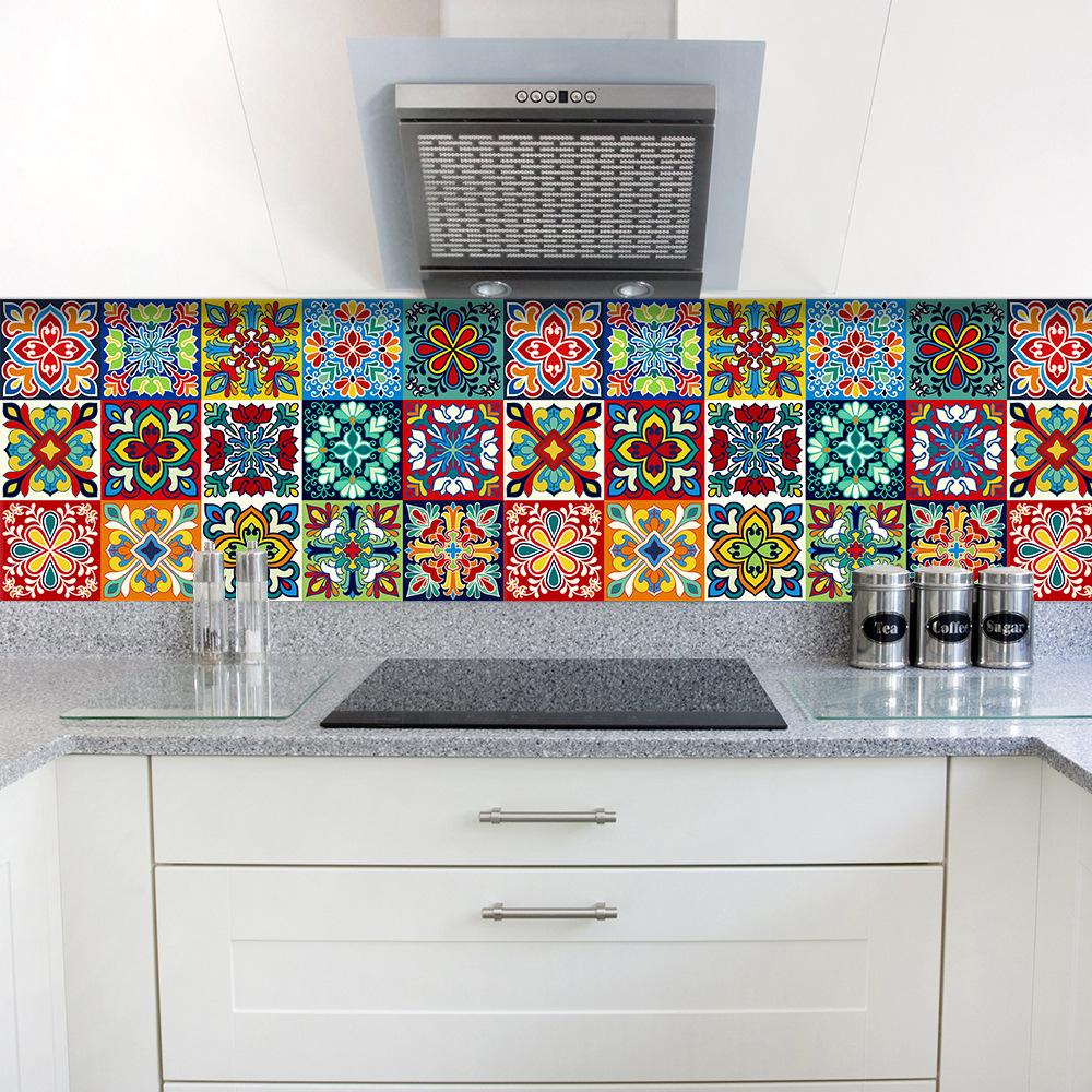 1Pc 10/15cm Colorful Flowers Pattern Retro Tiles Wall Sticker Kitchen Bathroom Tile Waist Line Wallpaper Art Mural