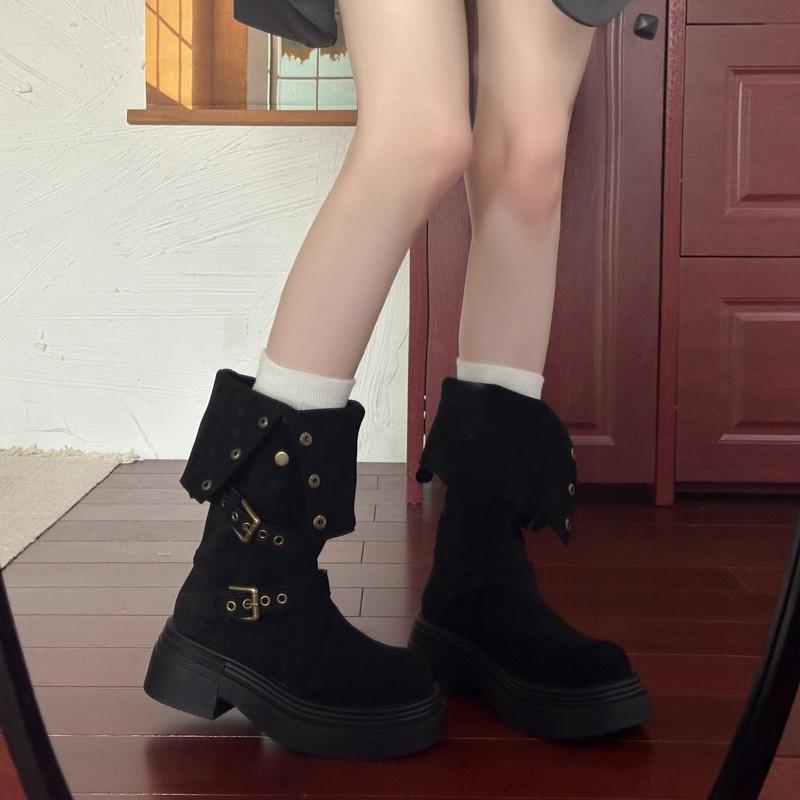 

Thick-soled block-heeled suede western denim boots 2025 new summer and autumn two mid-top high knight boots 39 чорний