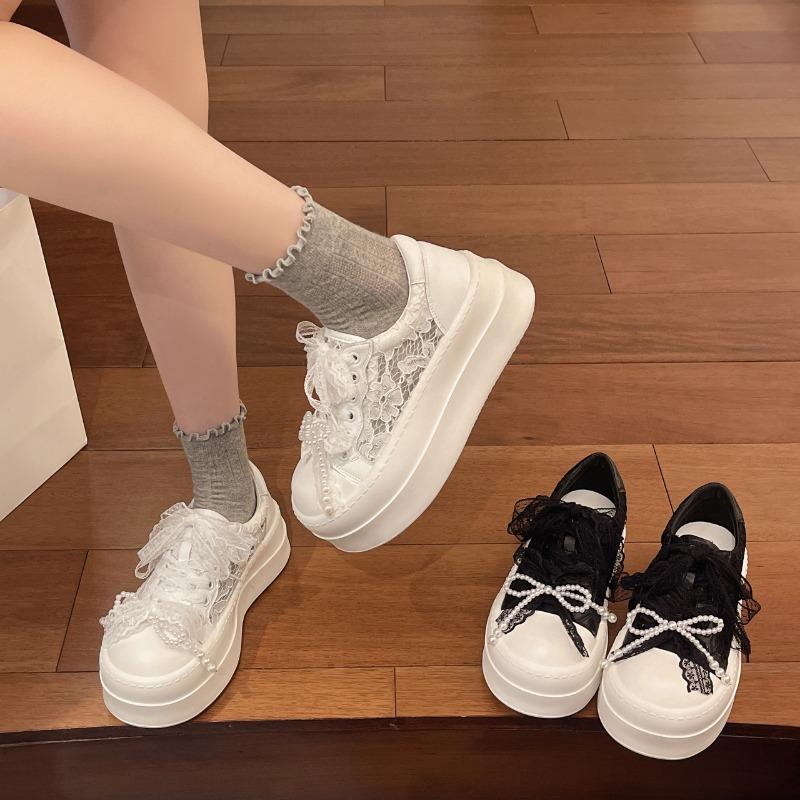 Ballet style pearl lace lace-up little white shoes women's single-layer breathable thick-soled heightening casual bread shoes trend
