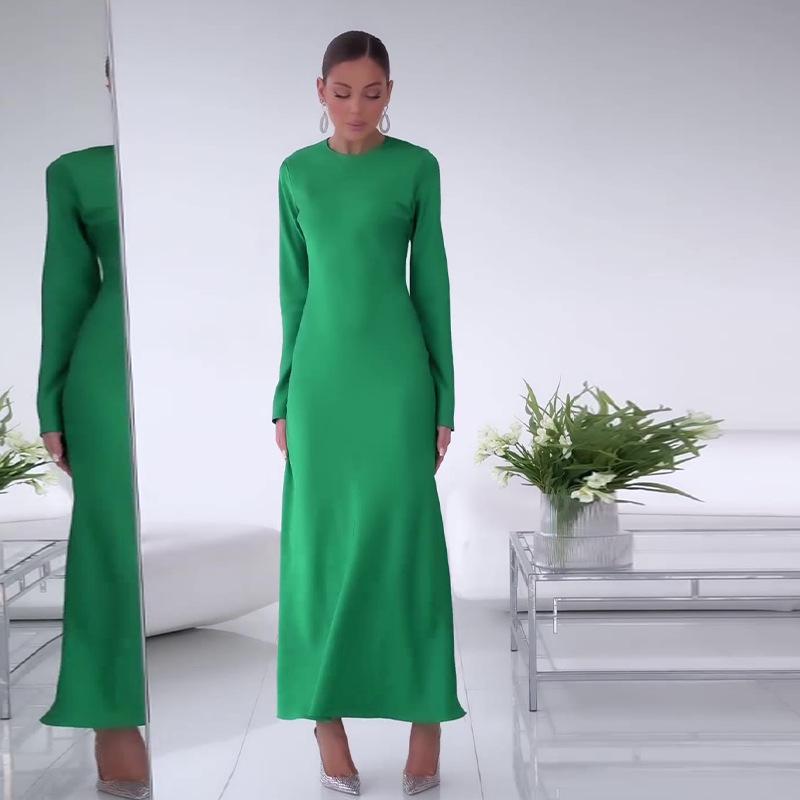 

2024 Autumn Women s Solid Color Round Neck Slimming Long Sleeve Dress L зелёный
