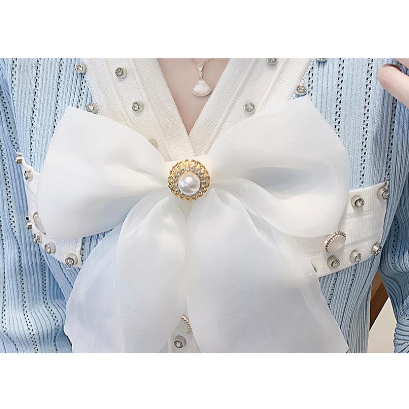 Spring Autumn Women Full Sleeve V-neck Luxury Diamond Beading Bowtie Knitted Sweater Single Breasted Cardigans Tops