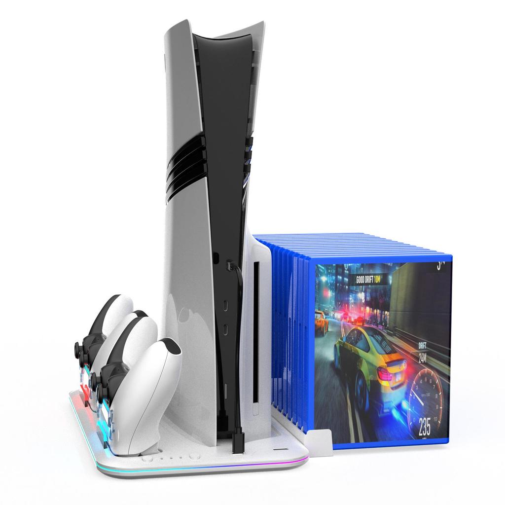 PS5 Pro/Slim Ultra-Thin RGB Cooling Base & Controller Charging Dock with Game Disc Rack