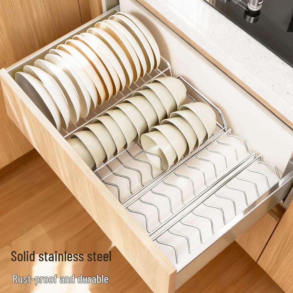 Built-in Kitchen Dish Rack with Drawer Divider for Chopsticks, Spoons, Bowls, and Plates.