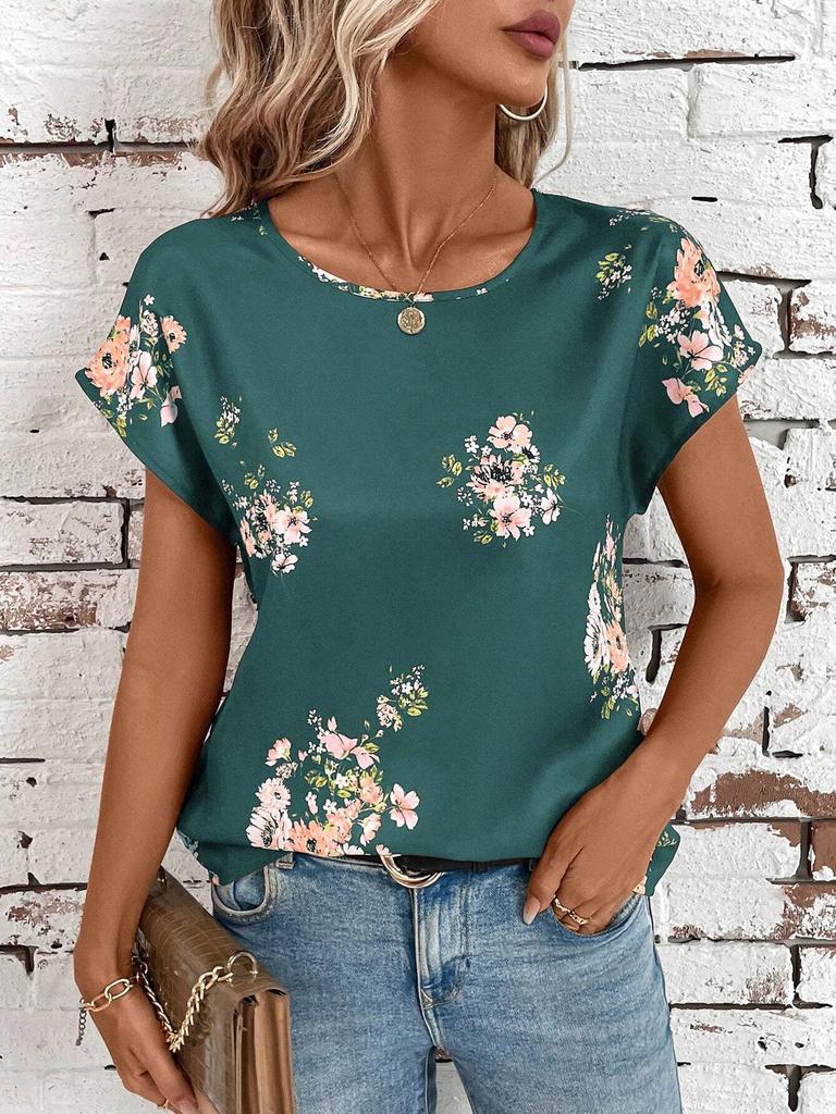 Summer Round Neck 3D Print Flower Pattern Top Fashionable Casual Short Sleeved Women's T-shirts
