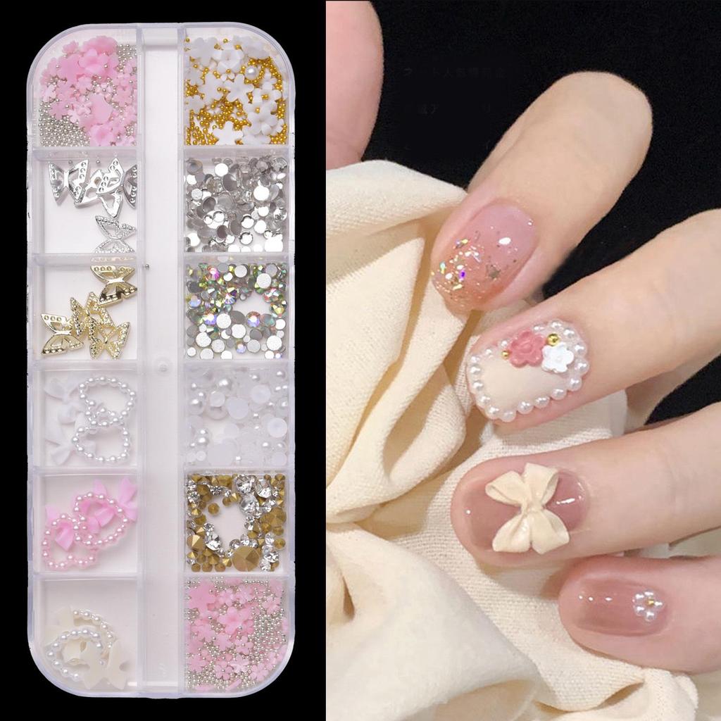 12-Grid Colorful Pearl Nail Art Decorations: Mixed-Size, Full/Half Round, Flat-Back Pearls for DIY.