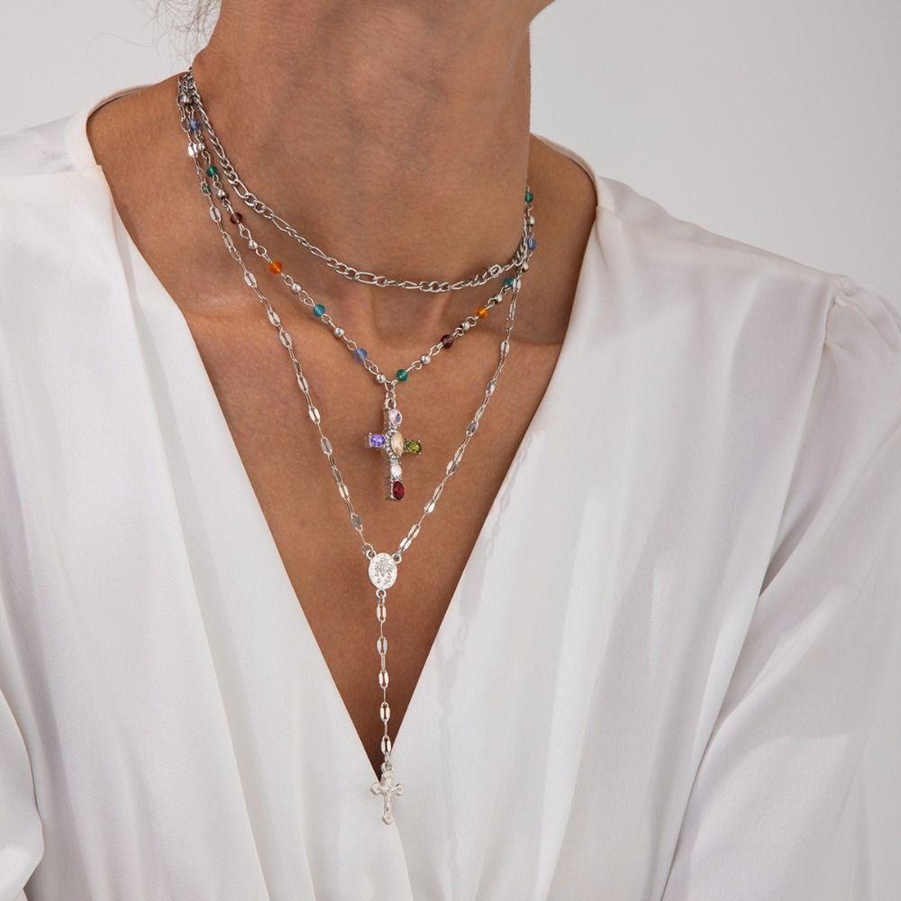 Layered Style Colorful Crystal Necklace Colorful Crystals Ins Style Necklace  Trendy Style