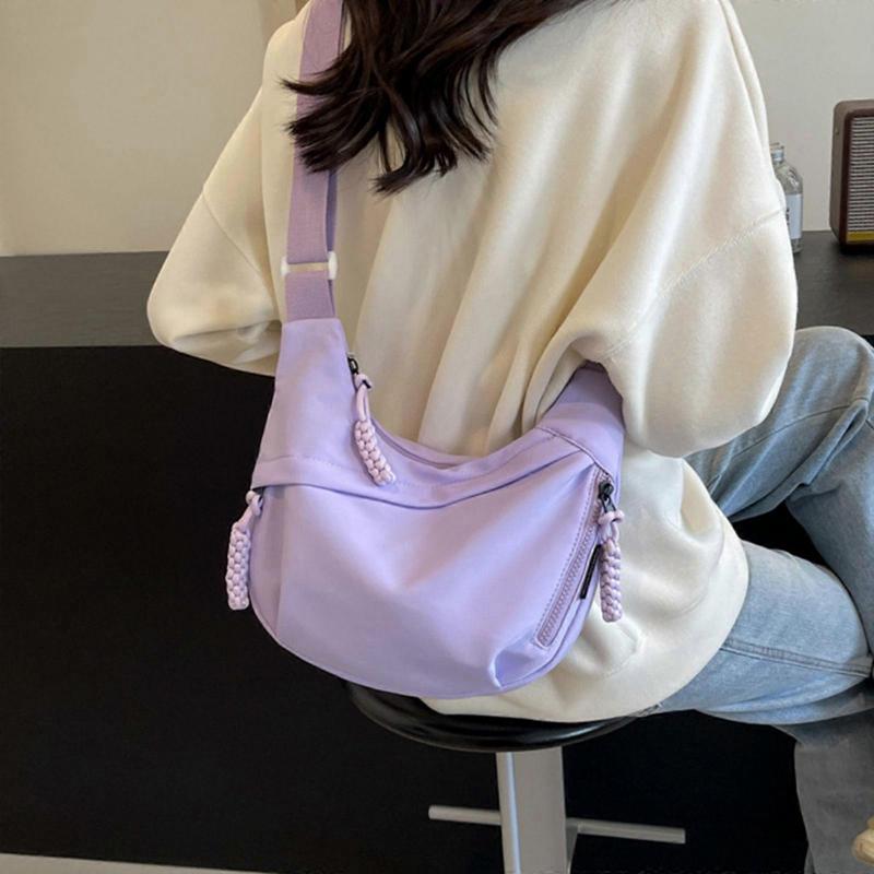 Solid Color Canvas Shoulder Bag Ample Space for Study Essential Fashion College Student Large Crossbody Bag for Women  Purple
