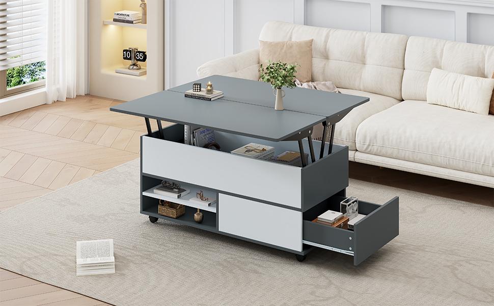 Mesa de centro regulable en altura de 100*98*65 cm con almacenamiento oculto, ruedas y cajones, mesa de comedor multifuncional, empalme gris-blanco