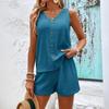 Loose V-neck Sleeveless Button Vest Solid Color Casual Shorts Two Piece Set Summer Outfit