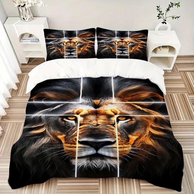 3pcs Lion Face Bedding Set - 1 Duvet Cover + 2 Pillowcases(Core Not Included), Machine Washable Polyester Yy251216130