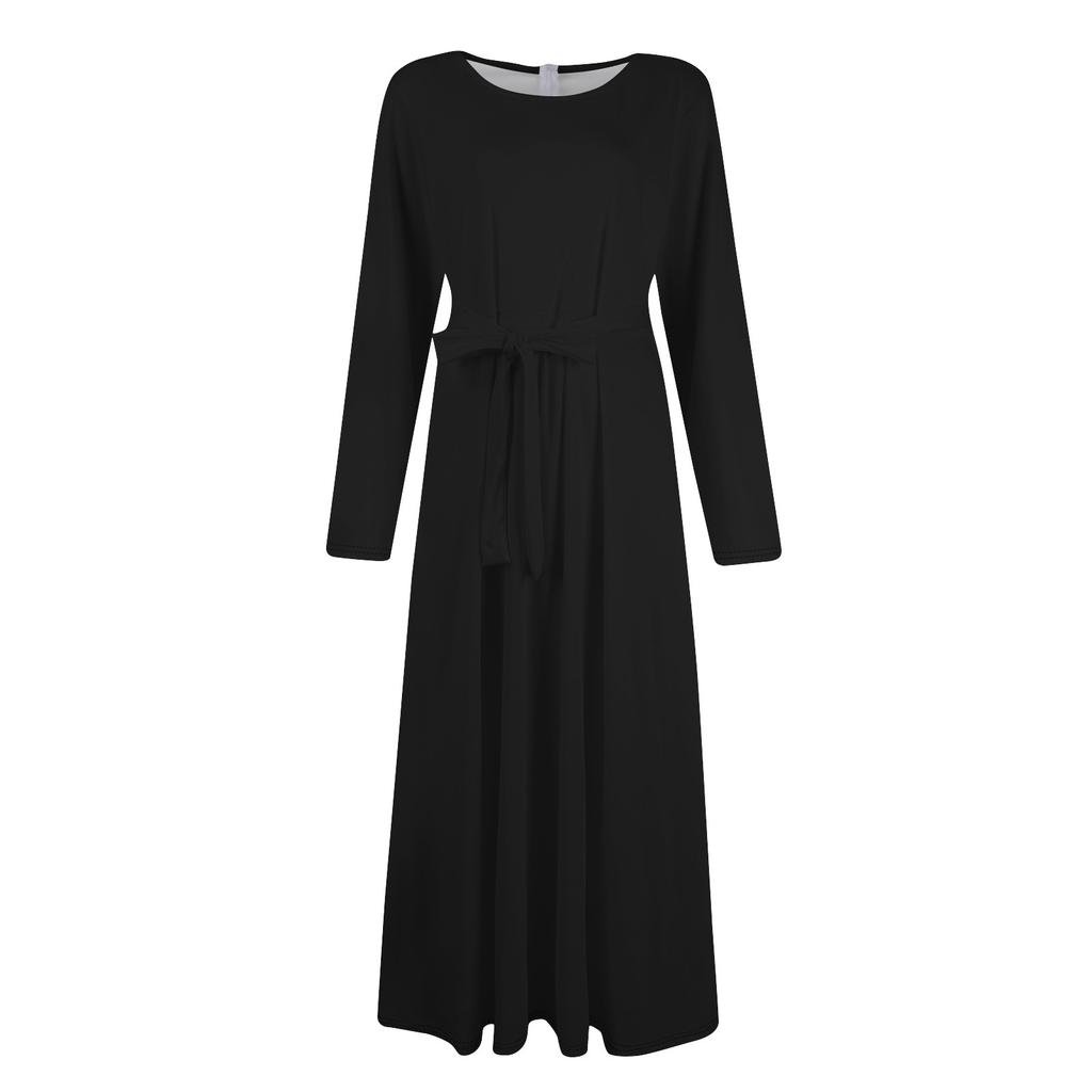 Women's Casual Fashion Large Size Round Neck Long Sleeve Pocket Straps Swing Dress