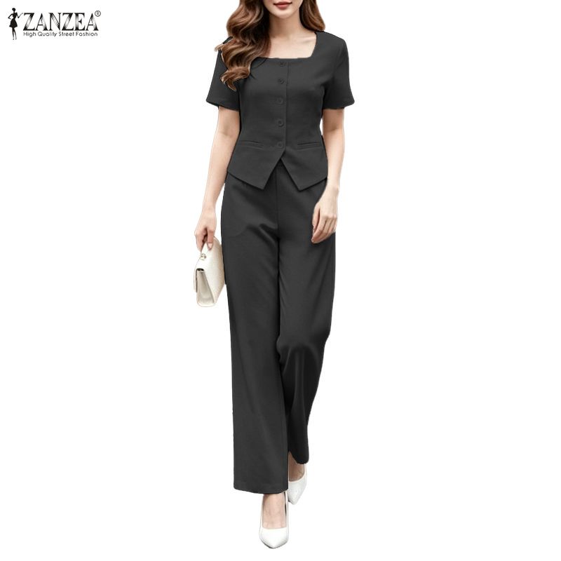 ZANZEA Damen Kurzarm Bluse und Hose Sommer Zweiteiler Anzugsets