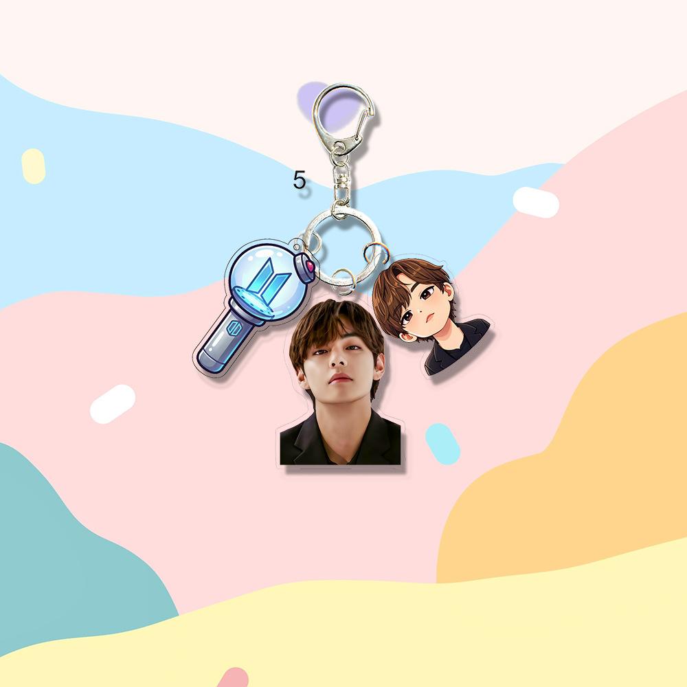BTS Cute Triple Charm Acrylic Keychain, Bangtan Boys Real Photo, Cartoon Figure & Army Bomb Keyring, Kpop Idol Bag Pendant for ARMY Fans