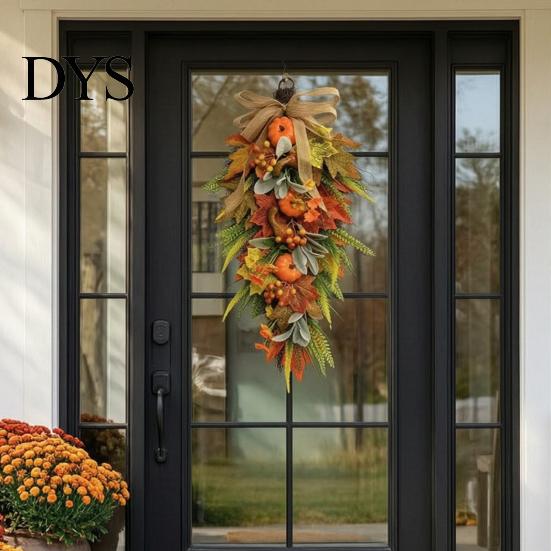 Artificial Holiday Floral Arrangement Artificia Fall Teardrop Swag, Autumn Harvest Sunflowers Pumpkins Leaves Berries Door Ready to Hang Swag Hanging