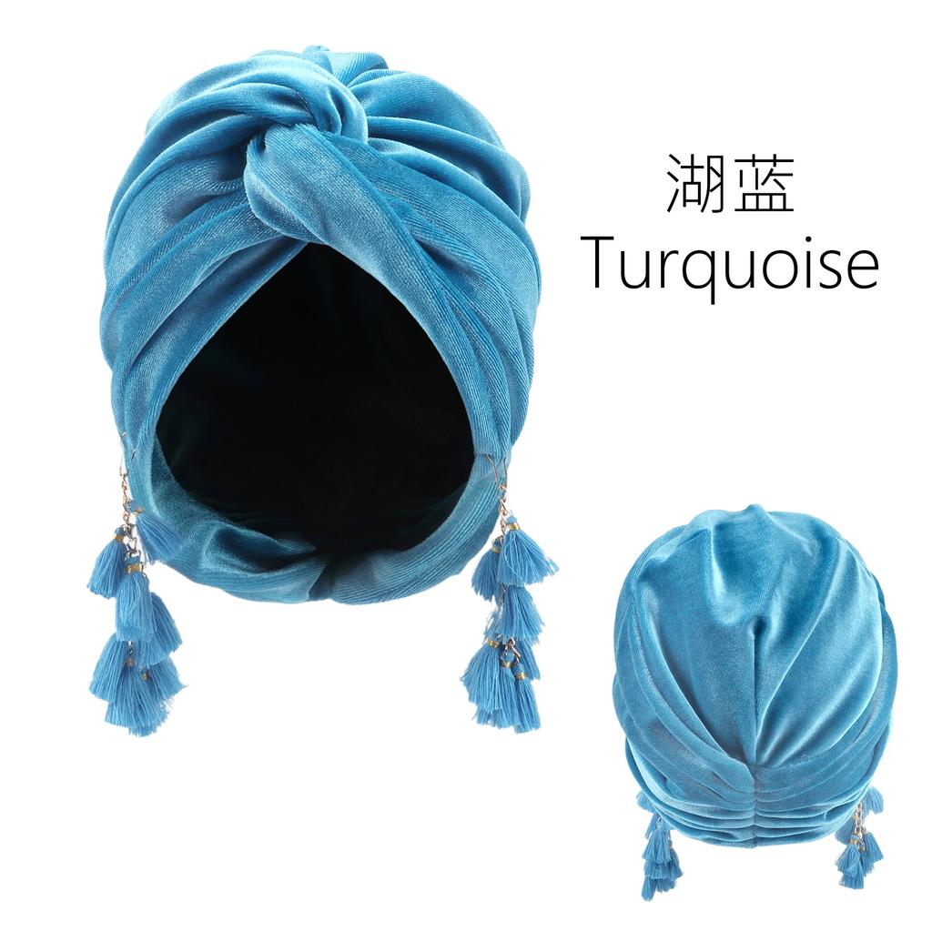 New Muslim Women Velvet tassel Turban Hat Soft Stretch Bohemian cross pullover Bandana Headband Beanie Cap Islamic Head Wrap