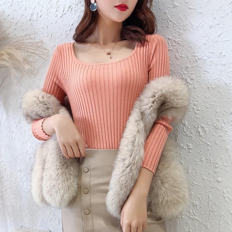 Podzimní Nový Top se čtvercovým výstřihem, Pletené základní tričko s dlouhým rukávem, Pulovr slim fit, Vnitřní svetr, Dámský univerzální top