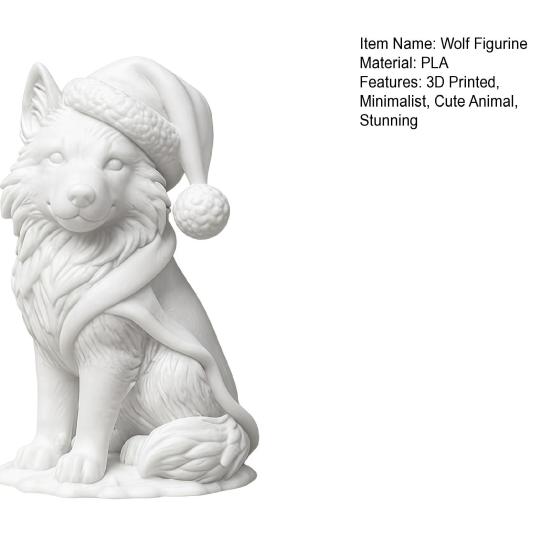 Creative Christmas Gift 3D Printed Wolf Figurine, Cute Animal Statue with Santa Figurine Hat And Scarf for Tabletop, Mantel Shelf Home Office