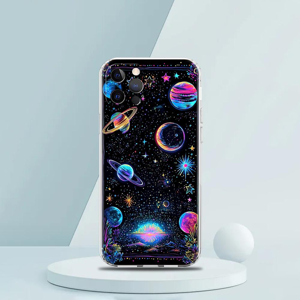 Soft TPU Transparent Phone Case Cover for iPhone 16 15 14 13 12 11 Pro Max XR 8 7 Plus Shockproof Shell Sun Moon Stars Pattern