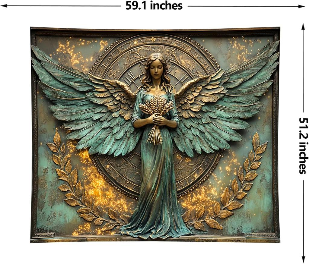 Bronze Angel Statue with Wings and Wheat Wall Art 2D Printing Cloth Spiritual Decor Mythical Figure Home Gallery Tapestry