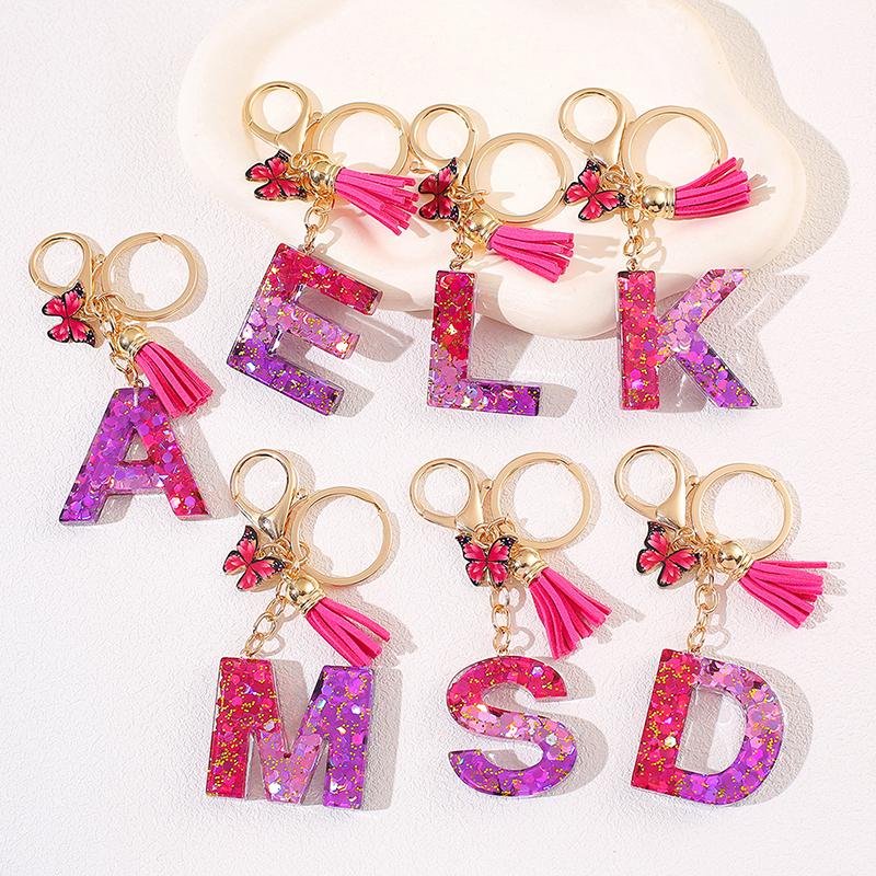 Glitter A-Z Shiny Sequin Letter Pendant Keychain Tassel Star Ball Charms Keyrings Women Bag Ornaments Car Trinket Accessories