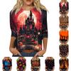 Women's Halloween Print 3/4 Sleeve Shirt Round Neck Loose Casual Top T-Shirt Suitable for Everyday Wear and Seasonal Events