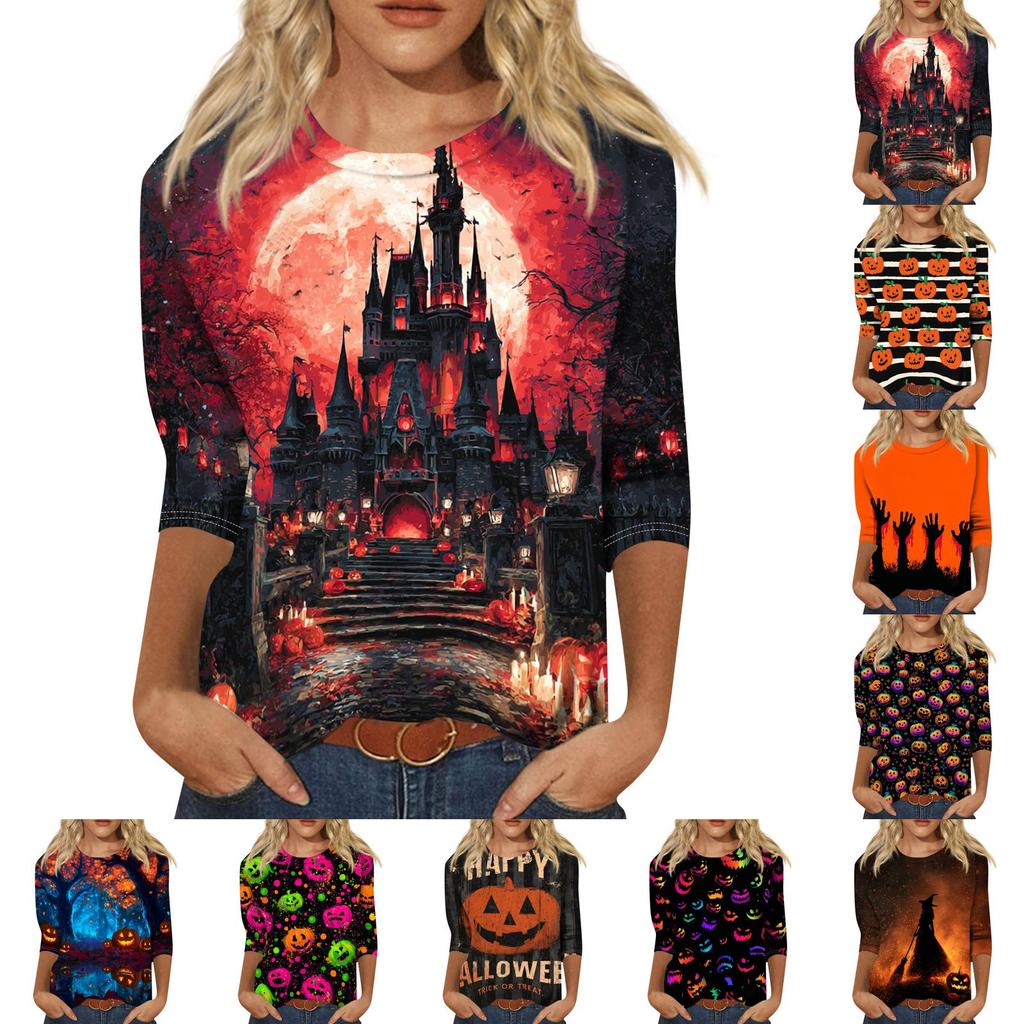 Women's Halloween Print 3/4 Sleeve Shirt Round Neck Loose Casual Top T-Shirt Suitable for Everyday Wear and Seasonal Events