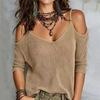 Women’s Knit Off Shoulder Top Long Sleeve Lightweight Pullover Sweater Loose Fit V Neck Casual Comfortable Style