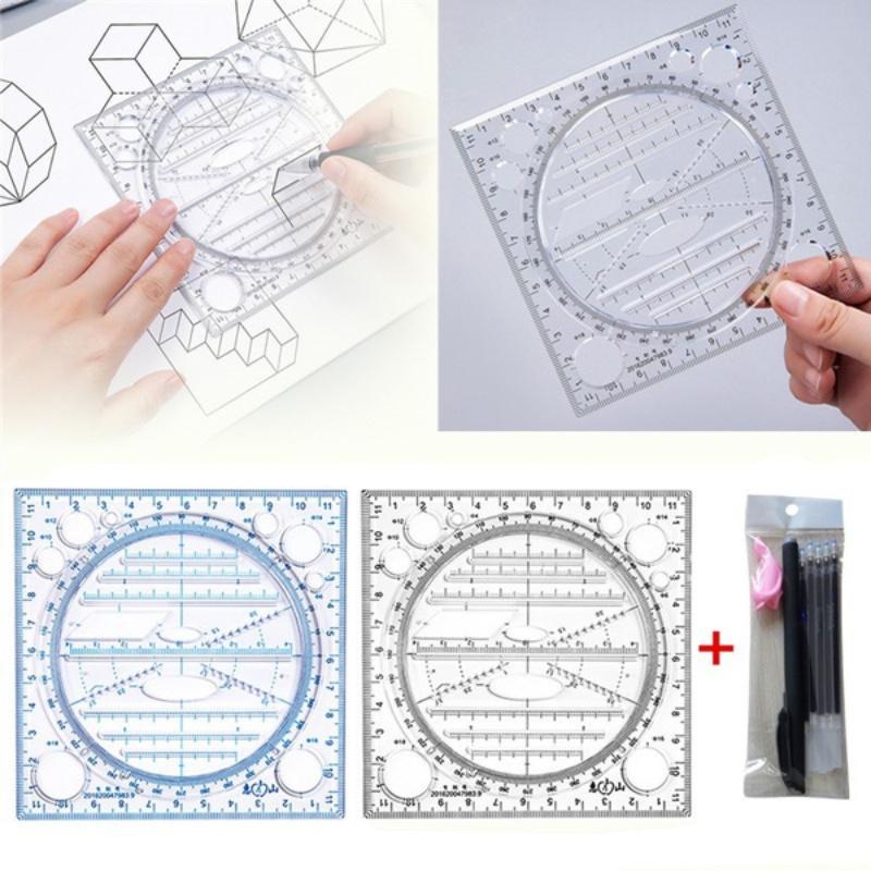 2pc Multifunction Rotatable Drawing Template Art Design Construction Architect Geometry Circle Drafting Measuring Scale Ruler