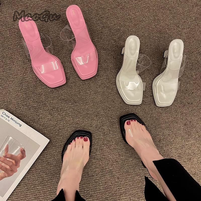 Fashion Women's Fashion Summer New High Heel Shoes Sexy Square Head Transparent PVC Strap Slippers Rubber Sole Sandalias De Mujer Size39