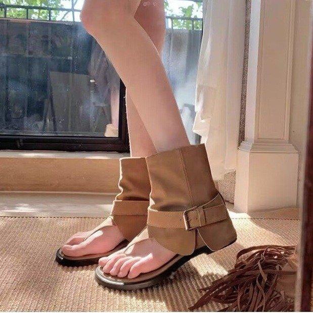 Vintage Sandals, New Versatile, Toe Clip Belt Buckle Flat Sandals, Black Slim Pants, Tube Boots, Roman Shoes Women