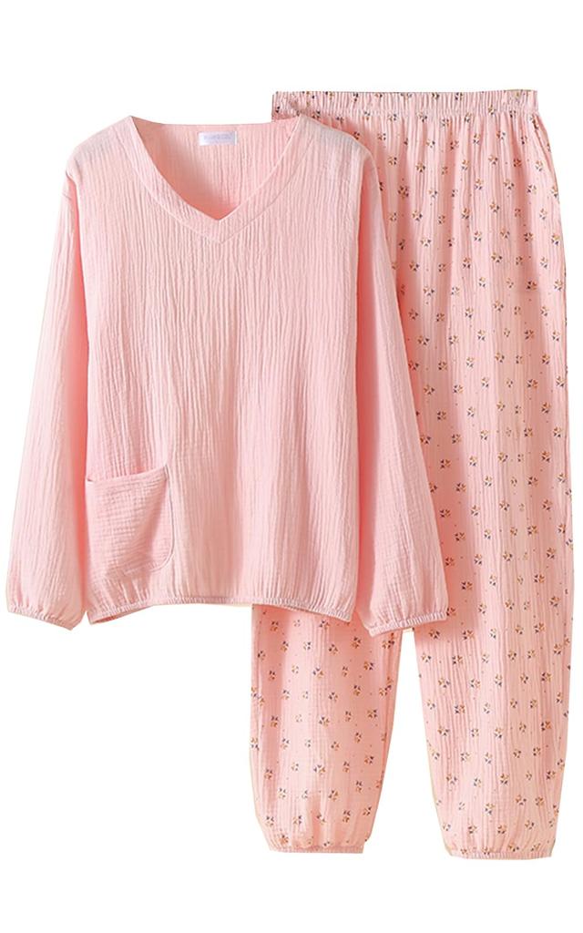 Marshmallow Double Comfortable Loungewear Salmon Women's Spring/Summer Pajamas, 100% Cotton, Gauze, V-Neck, Moisture-Wicking, Quick-Drying, Sleepwear,