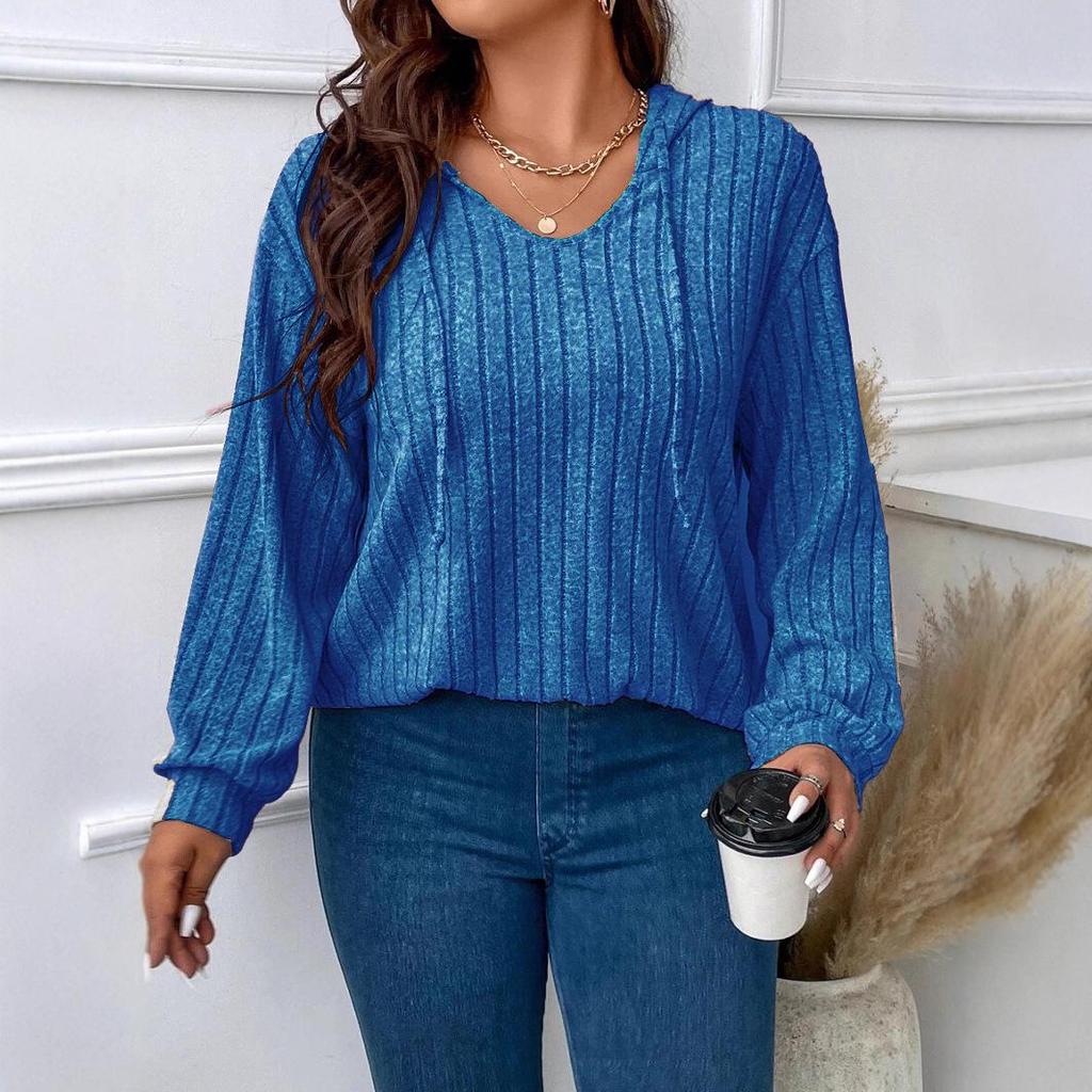 2026 Autumn/Winter V-Neck Plus Size Women's Hooded Ribbed Long Sleeve T-Shirt